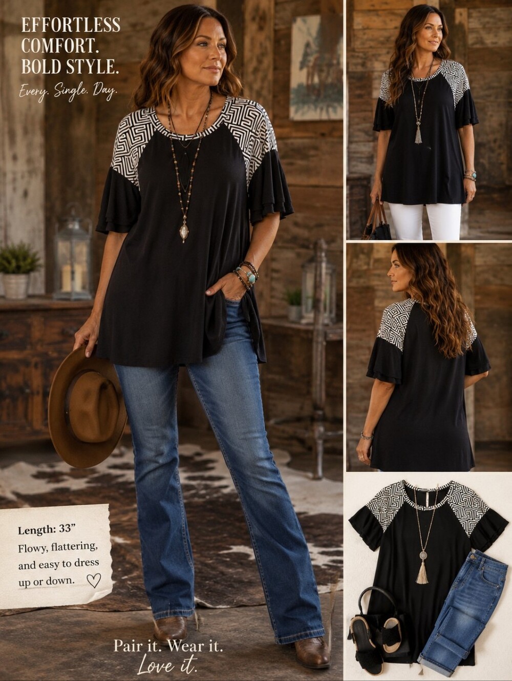 Voll 2XL Black Geometric Print Flowy Tunic Top Flutter Sleeve USA Made